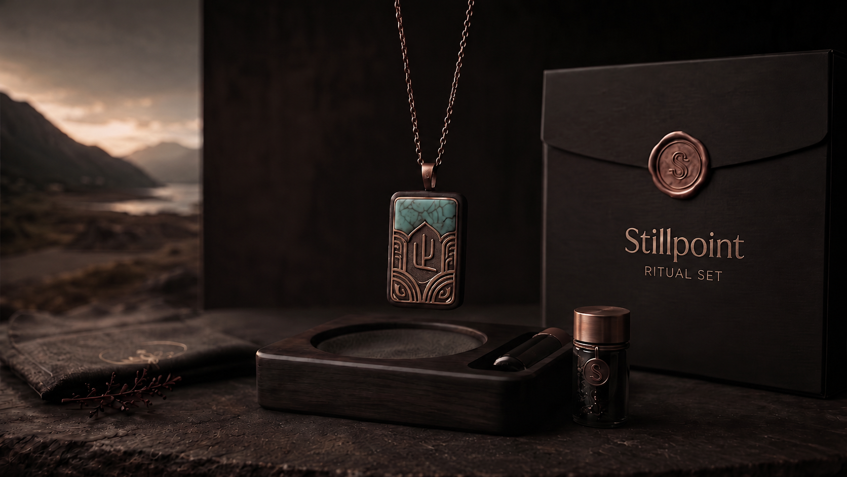 Stillpoint pendant and resting base in a quiet contemplative setting.