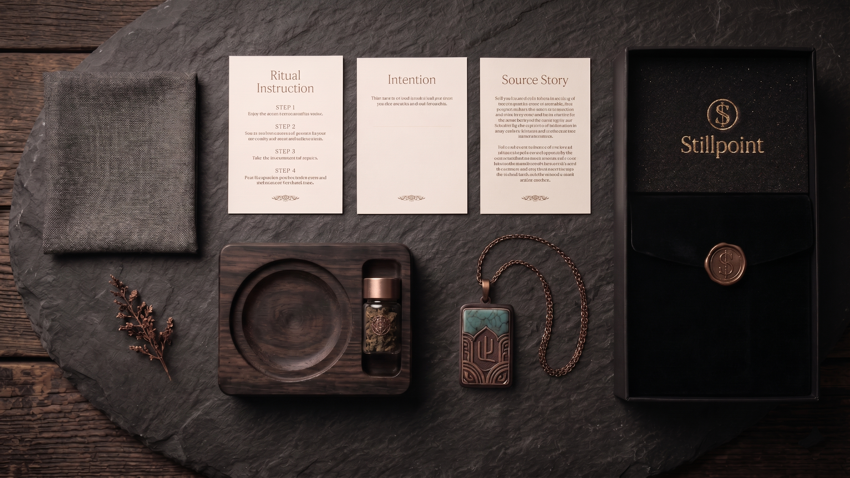 Complete Stillpoint Ritual Set including pendant, resting base, capsule, cards, and packaging.
