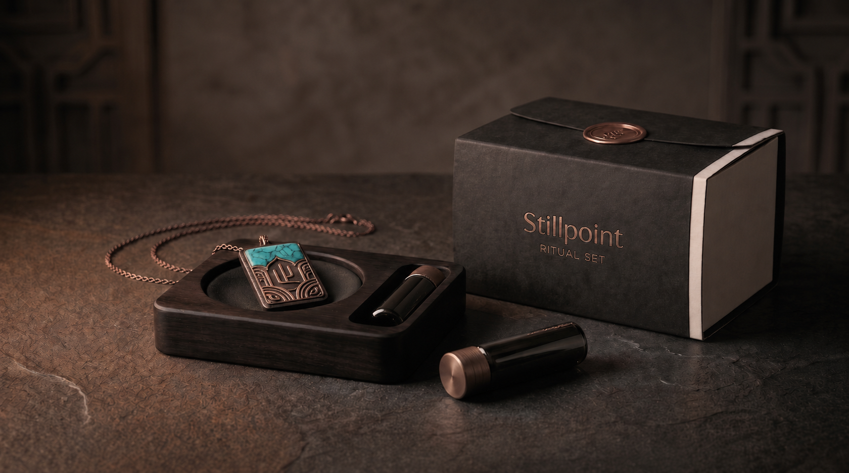 Stillpoint Ritual Set with pendant, resting base, ritual capsule, and premium packaging.