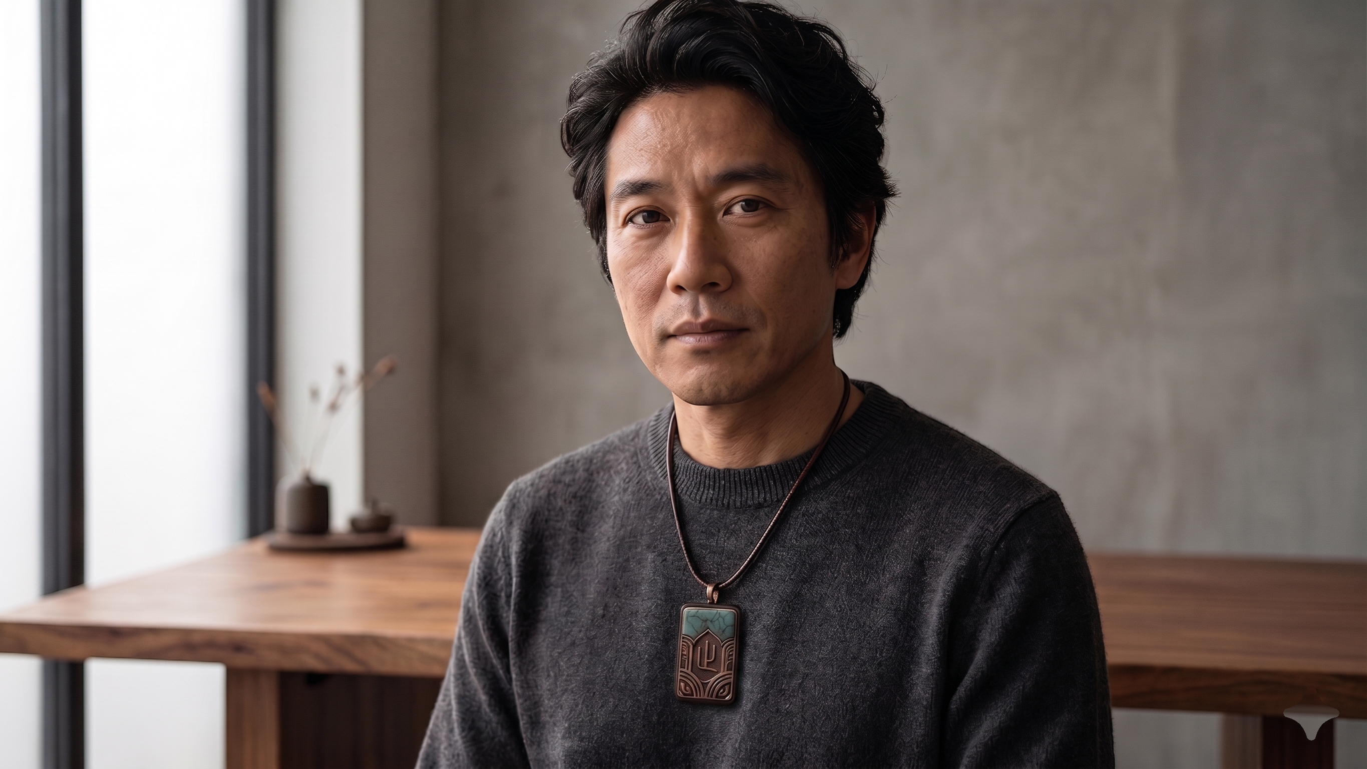 Person wearing the Stillpoint pendant as a daily intention object.