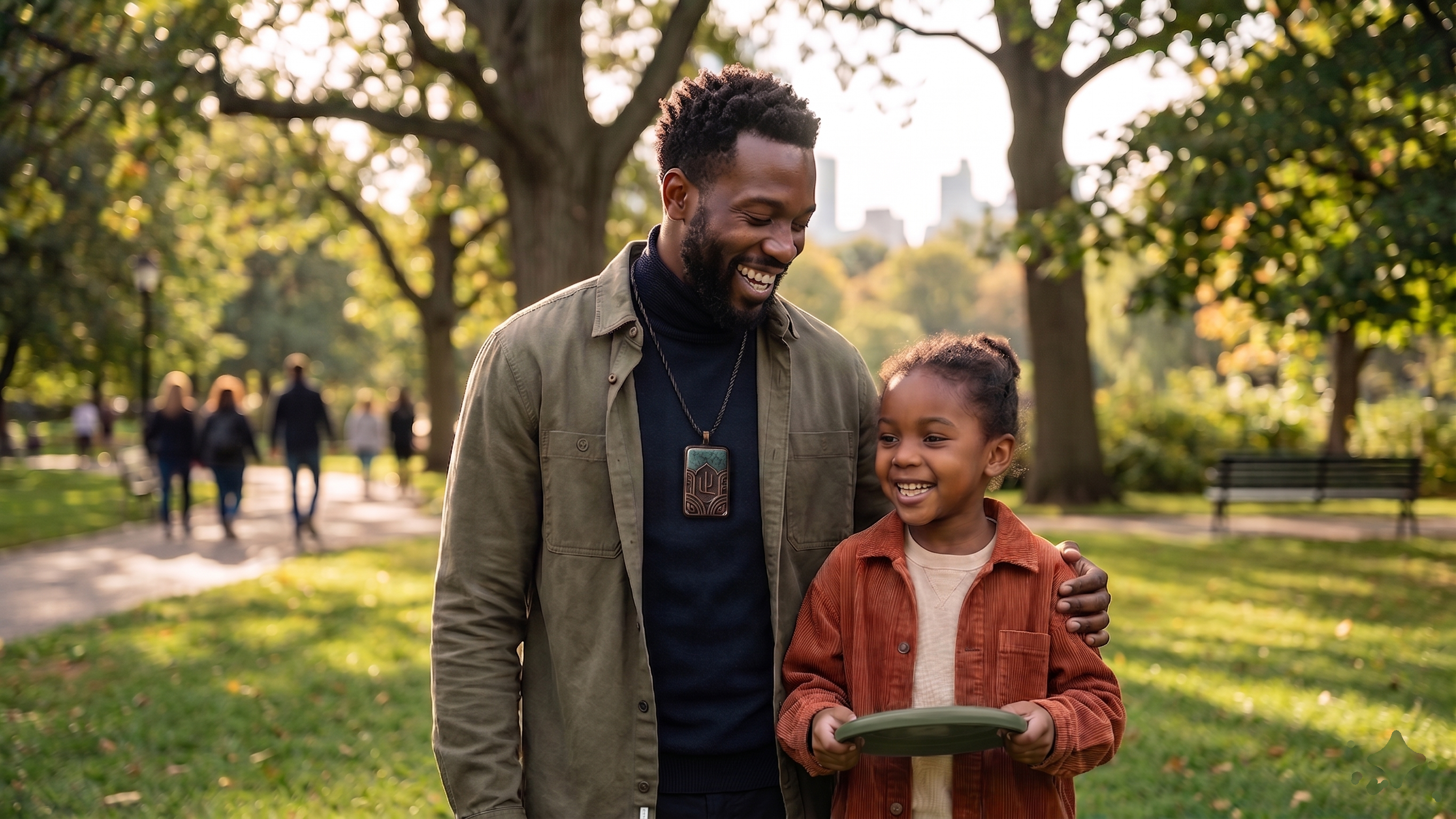 Father wearing the Stillpoint pendant while playing outdoors with his daughter.