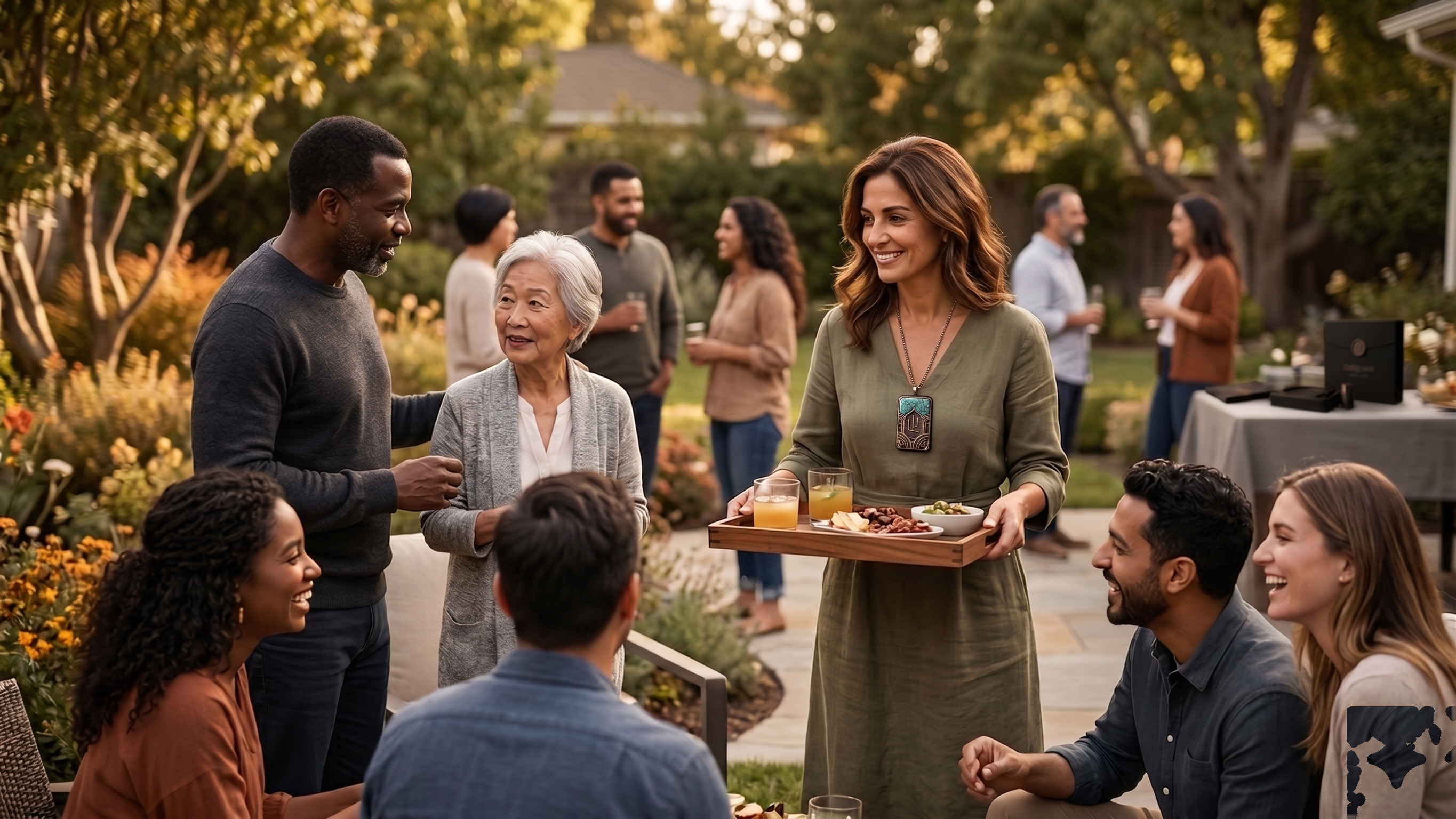 Person wearing the Stillpoint pendant while serving food at a warm garden gathering.